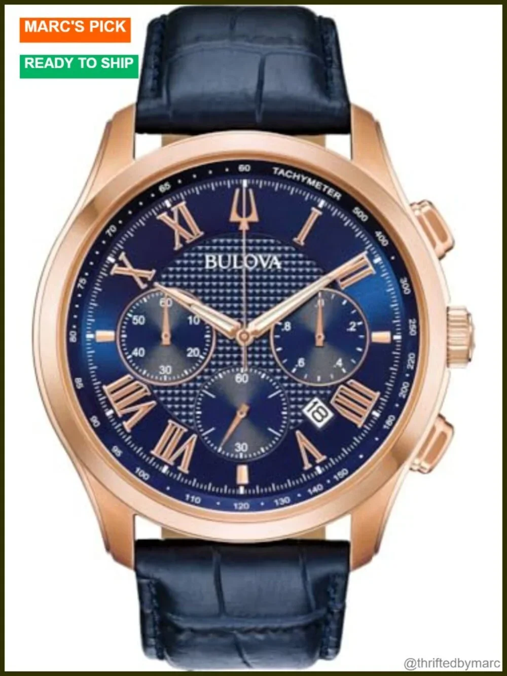 Men's Chronograph Wrist Watch - Rose Gold-Tone Stainless Steel, Blue Leather